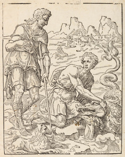 Maerten van Heemskerck's depiction of Tobias wrestling with the fish, © Fitzwilliam Museum, Cambridge
