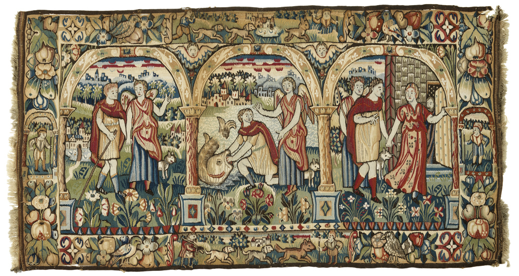 Tapestry showing three scenes from the story of Tobias and the Angel