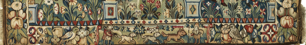 Tapestry detail showing fruit, flowers,birds and hunters