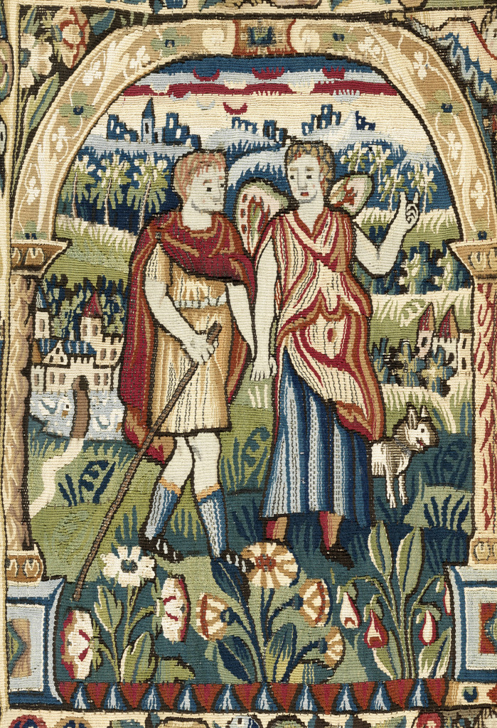 Tapestry detail showing Tobias, son of Tobit and Anna, setting out on a journey with his dog and an angelic companion, Raphael