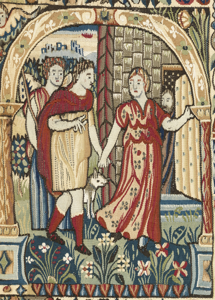 Tapestry detail showing Tobias  welcomed home by his mother